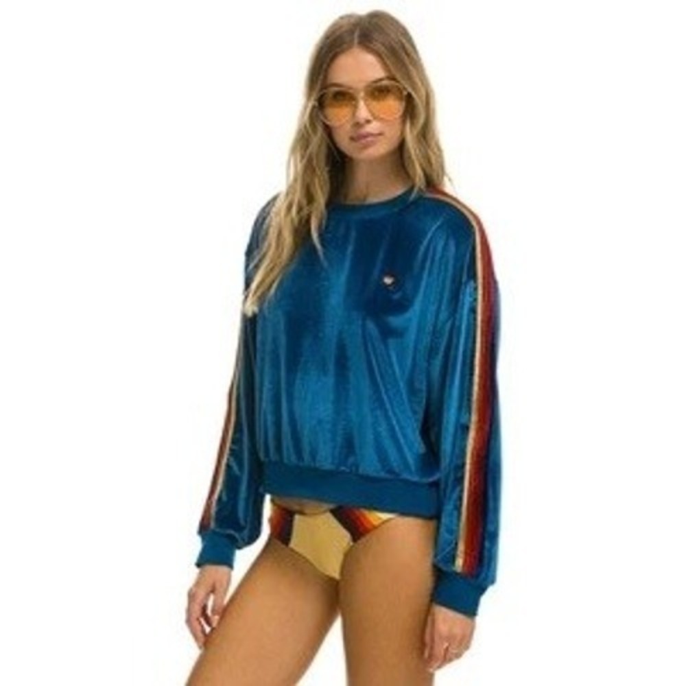 Aviator Nation Velvet Rainbow Stripe Sweatshirt Blue Pullover Small Oversized